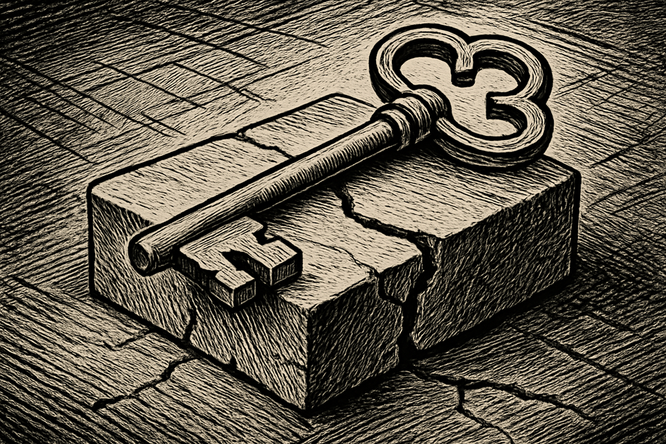 A black-and-white woodcut of an ornate key lying on a stone block split by a jagged crack, with faint blueprint lines in the background.