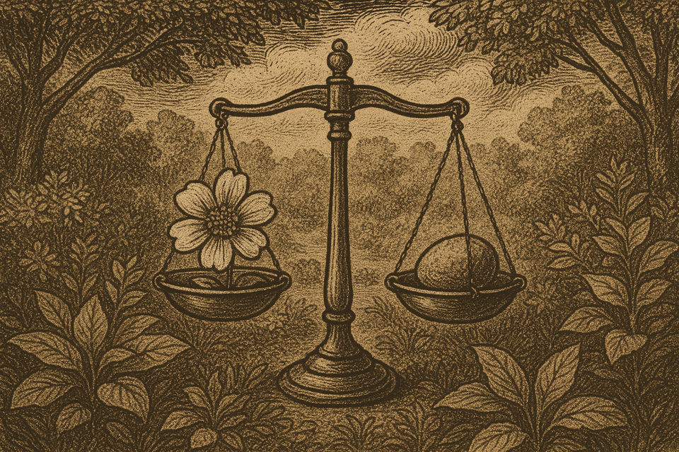 Sepia-toned woodcut illustration of a brass balance scale in a lush garden, with a single daisy on one pan and a smooth stone on the other.