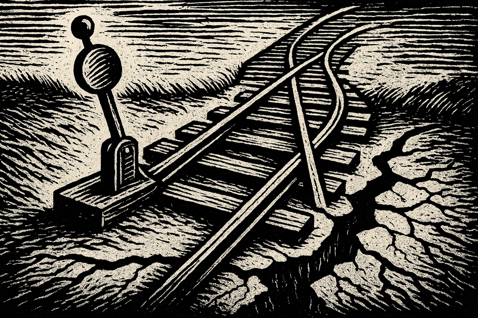 A black-and-white woodcut of a railway switch where the tracks split, one side running over cracked earth, the other over solid ground.