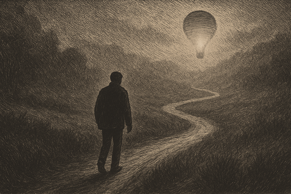 Sepia-toned woodcut illustration of a solitary figure walking a winding path through misty hills toward a glowing hot air balloon in the distance.