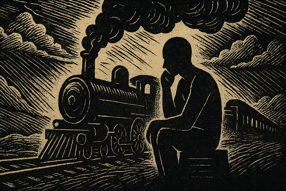 Woodcut-style illustration of a man sitting in a train car, hands clasped in thought, gazing out at a steam locomotive moving through a foggy landscape.