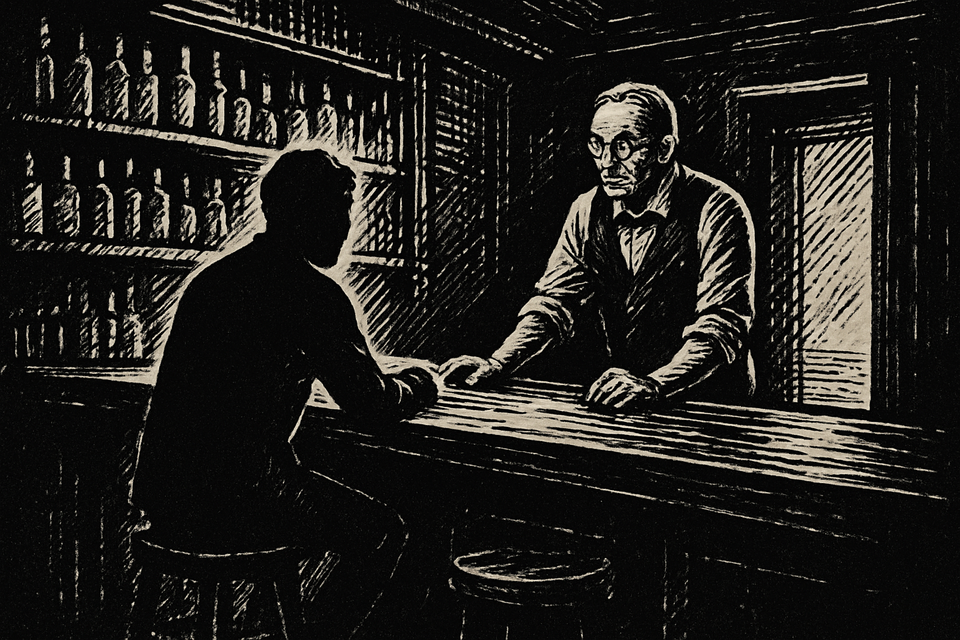 Woodcut-style illustration of a lone bar patron speaking with a bartender, with a softly glowing doorway in the background.