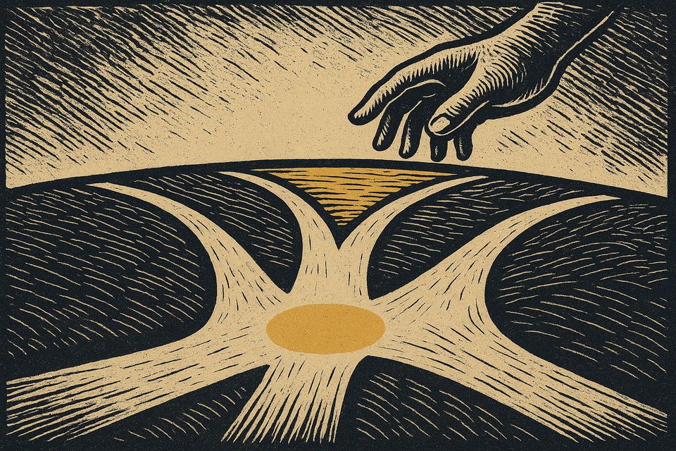 Woodcut-style illustration in black and muted gold of four paths meeting at a central golden circle, with a hand poised above as if guiding the convergence.