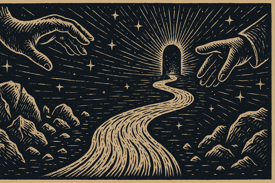 Woodcut-style illustration in dark ink on beige showing a winding cosmic road flanked by two large hands pushing aside jagged rocks, with a radiant portal at the end under a star-filled sky.