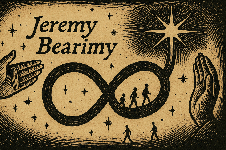 Woodcut-style illustration in dark ink on beige showing the looping Jeremy Bearimy timeline with human silhouettes walking along it toward a radiant star.