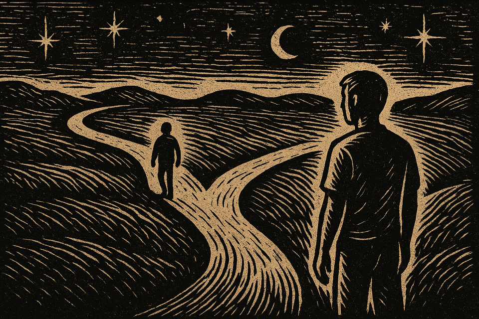 Woodcut-style illustration in dark sepia on beige showing two silhouetted figures at a fork in a winding path beneath a crescent moon and stars.
