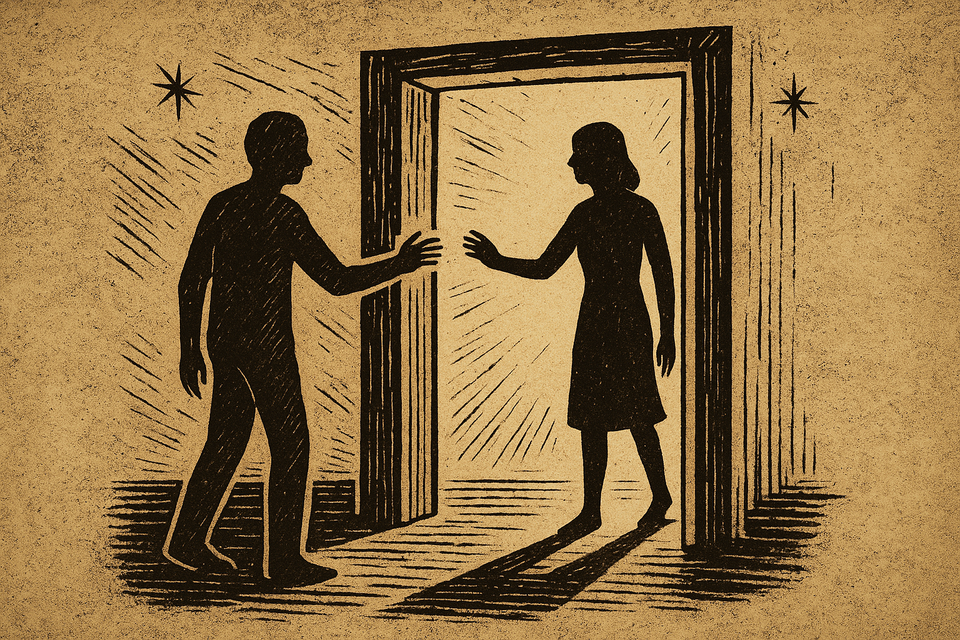 Woodcut-style illustration in sepia tones showing two silhouetted figures separated by a doorway filled with radiant light, one standing in shadow, the other framed in the glow.