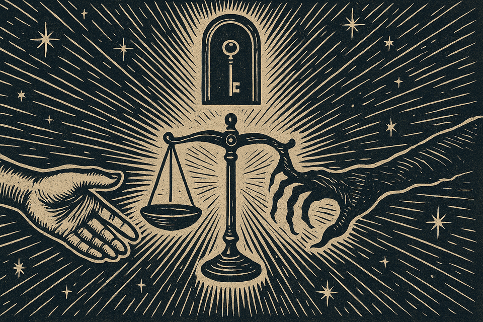 Woodcut-style illustration in black ink on beige showing a set of scales suspended in space between a human hand and a clawed hand, with a keyhole above and stars radiating in the background.