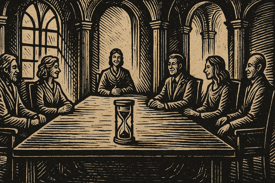 Woodcut illustration of six figures seated around a table in a grand arched chamber, an hourglass in the center while rays of sunlight stream through a tall window.