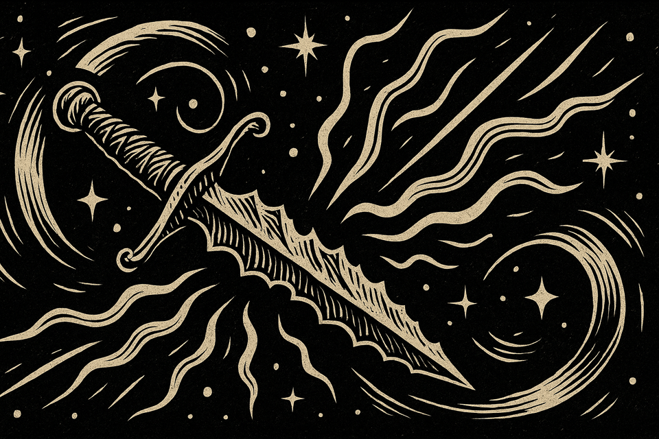 Woodcut illustration of an ornate, jagged knife floating in a star-filled void, with curling beams of light radiating from its blade.