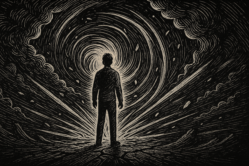 Woodcut illustration of a solitary person silhouetted against a swirling vortex, standing steady as wind, debris, and light spiral in all directions.