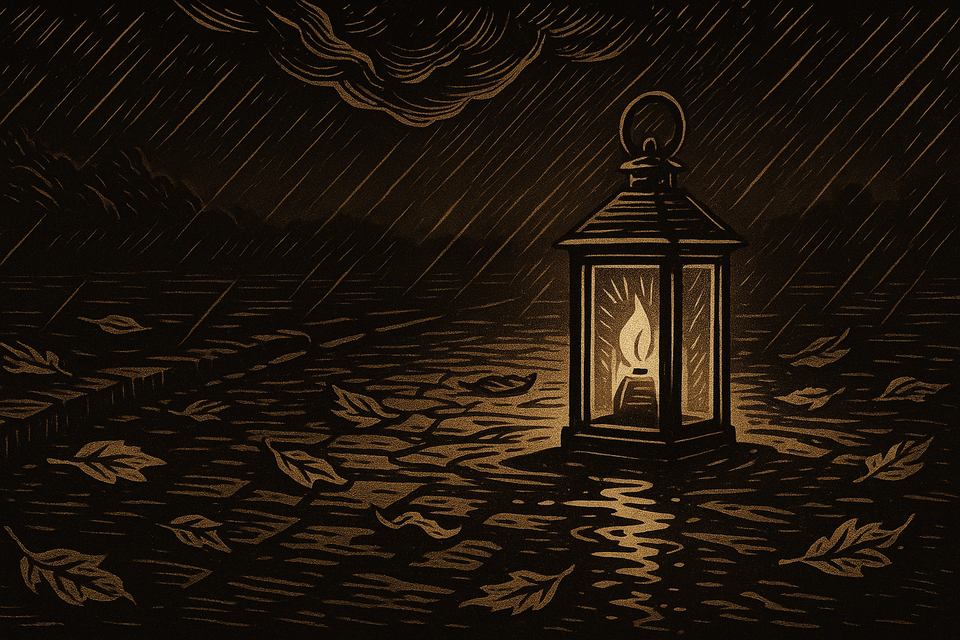 Woodcut illustration of a lantern casting warm light on a rain-soaked street, with storm clouds and fallen leaves swirling in the dark.