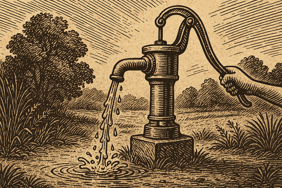 Woodcut illustration of a vintage cast iron water pump spilling water into a small pool, surrounded by grass and trees under bright sunlight.