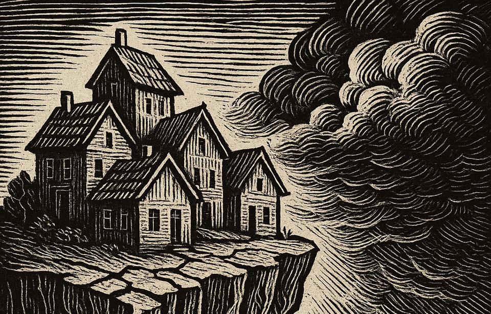 Black-and-white woodcut of a small village atop a jagged, cracked cliff, with swirling storm clouds gathering in the background.