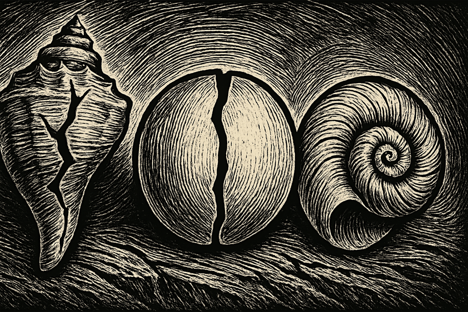 Black-and-white woodcut of three large seashells — a scallop, a smooth oval, and a spiral — each with distinct cracks, set against a swirling textured background.