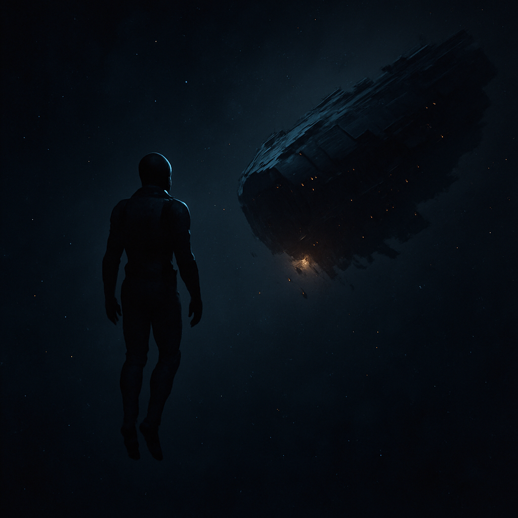 A lone figure in a dark spacesuit floats in deep space, facing a fractured ship glowing faintly in the distance—quiet tension suspended between helplessness and will.