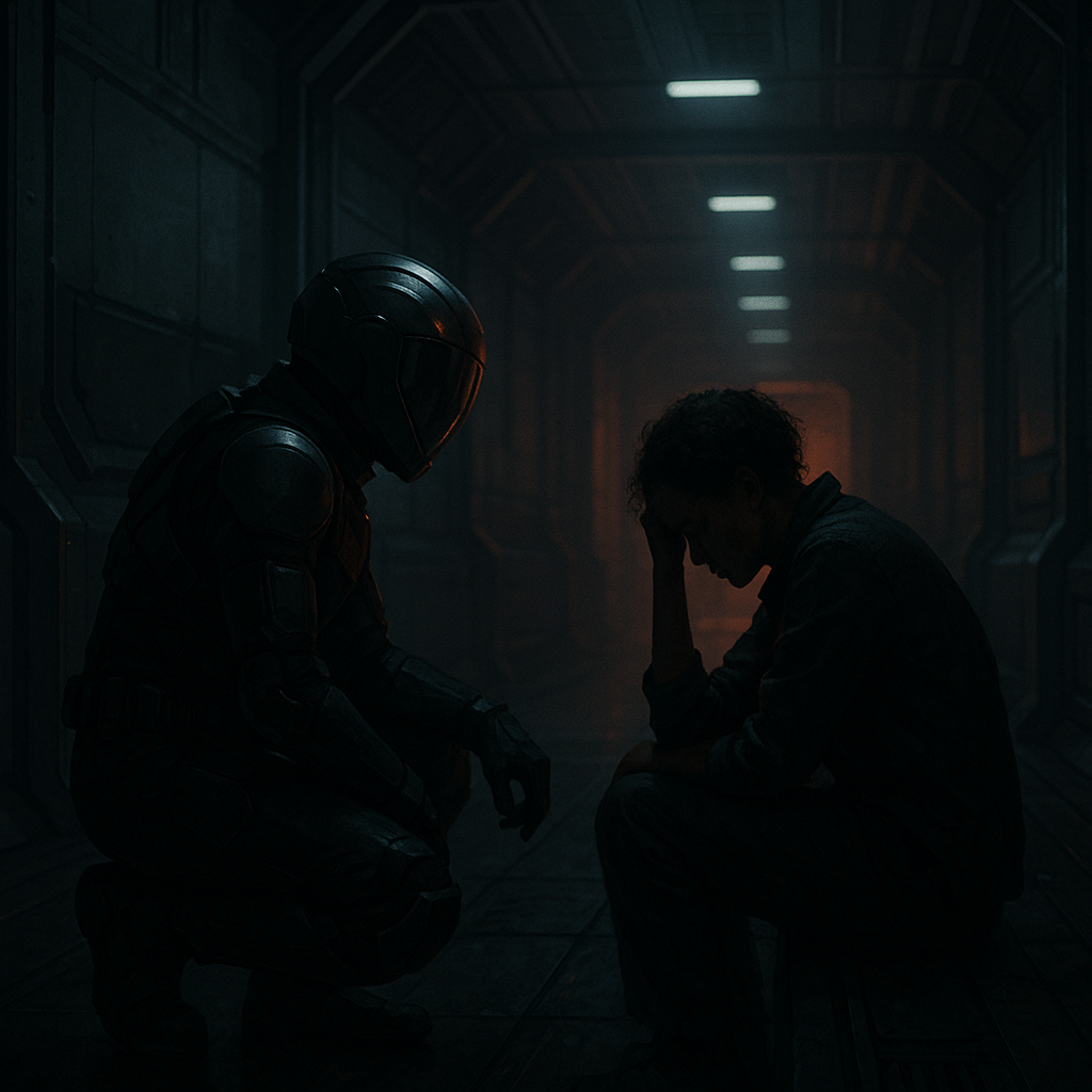A humanoid figure in dark armor kneels beside a seated woman in a dim spaceship corridor, their quiet exchange lit by soft, cold light.