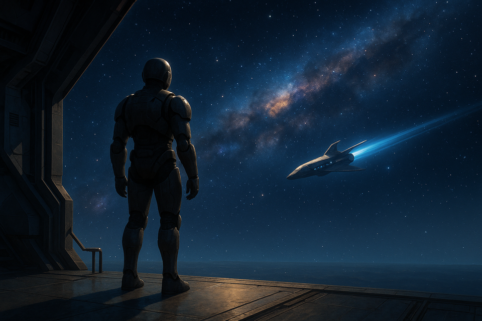 A lone armored figure stands on a spaceport platform, watching a sleek starship streak into a star-filled galaxy with a glowing nebula in the distance.