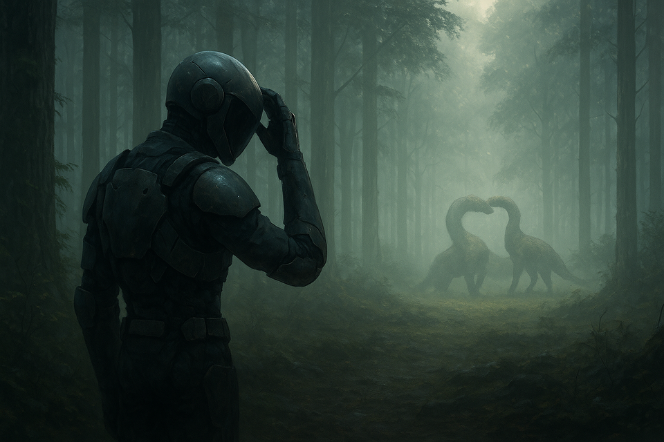 A humanoid robot removes its helmet in a misty forest while two large creatures move peacefully in the background, evoking tension and quiet reflection.