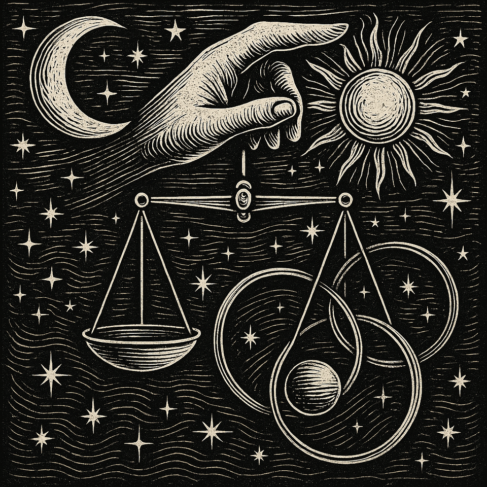 Black-and-white woodcut of the cosmos with a hand between sun and moon, scales, circles, and stars, symbolizing balance, resistance, and unseen cosmic forces.