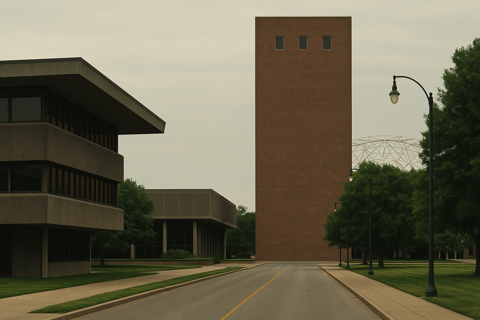 An empty street in Columbus, Indiana, flanked by modernist buildings and brick towers under a cloudy sky, evoking the film’s themes of space, distance, and connection.