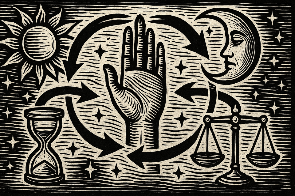 Black-and-white woodcut showing sun, moon, hourglass, scales, and a hand encircled by looping arrows, symbolizing time, balance, and recurring cosmic cycles.