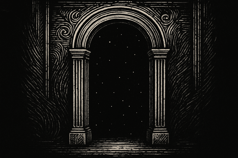 Linocut-style black and white illustration of an ornate doorway opening into a star-filled void, symbolizing irreversible endings.